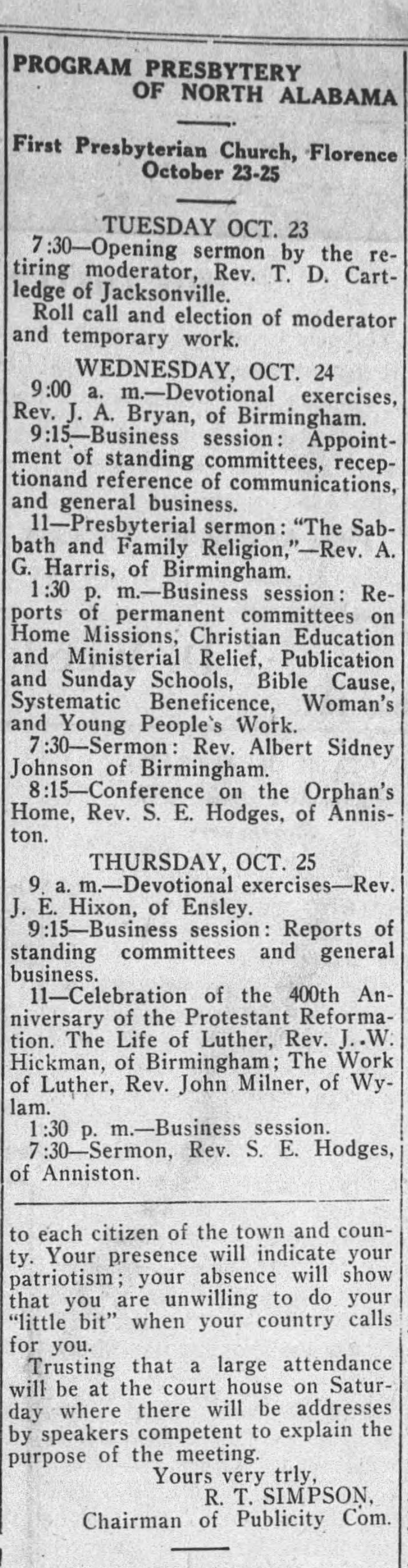 Program of the Presbytery of North Alabama